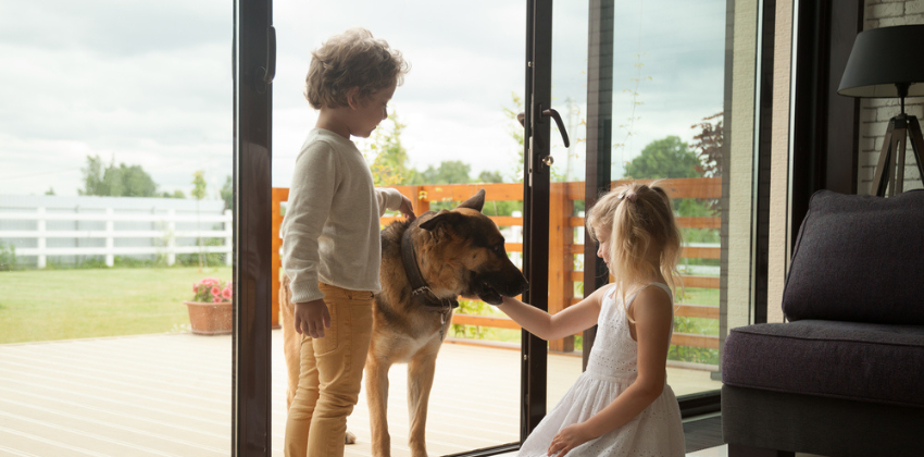 Kids and a dog entering their home